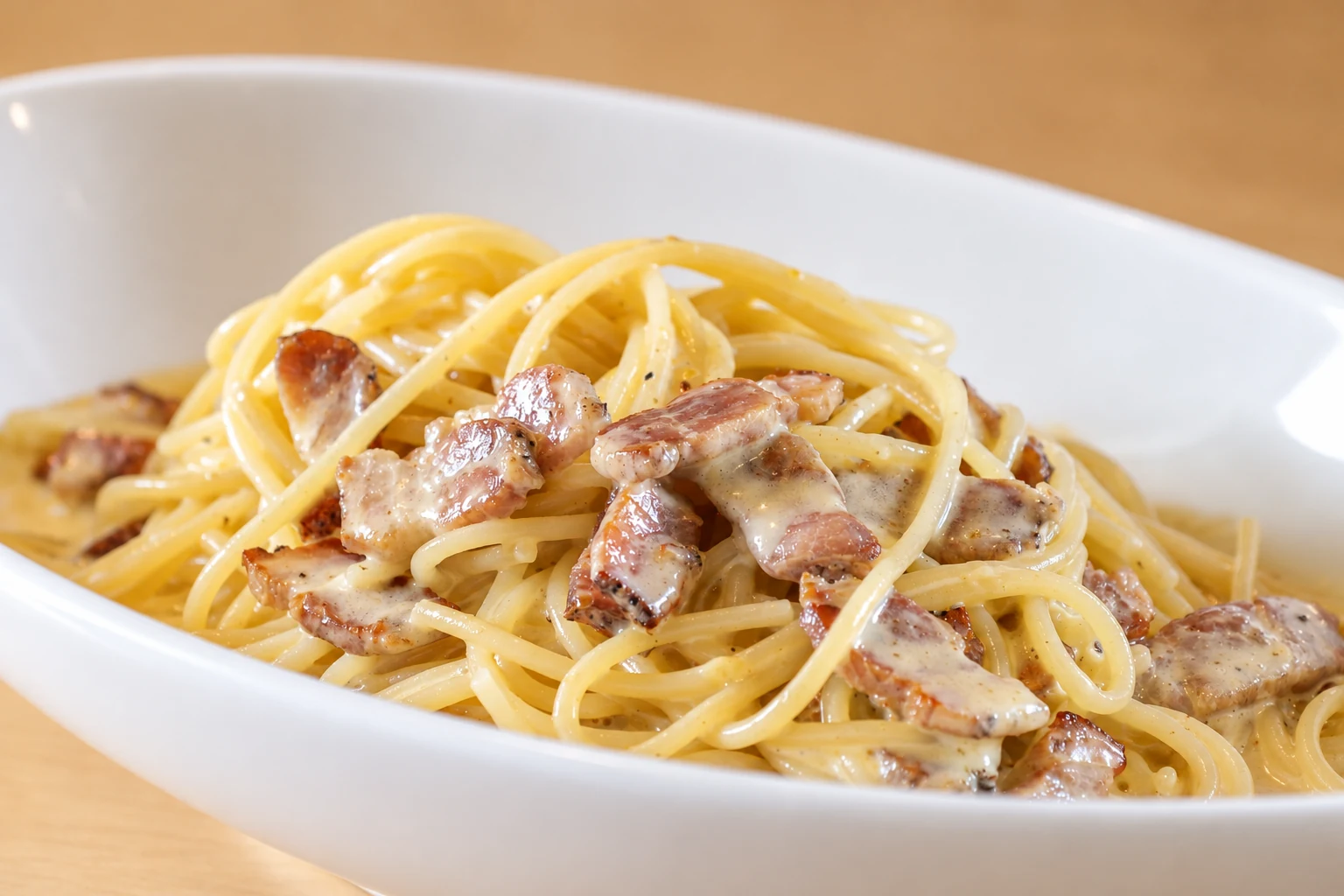 Creamy carbonara pasta topped with bacon