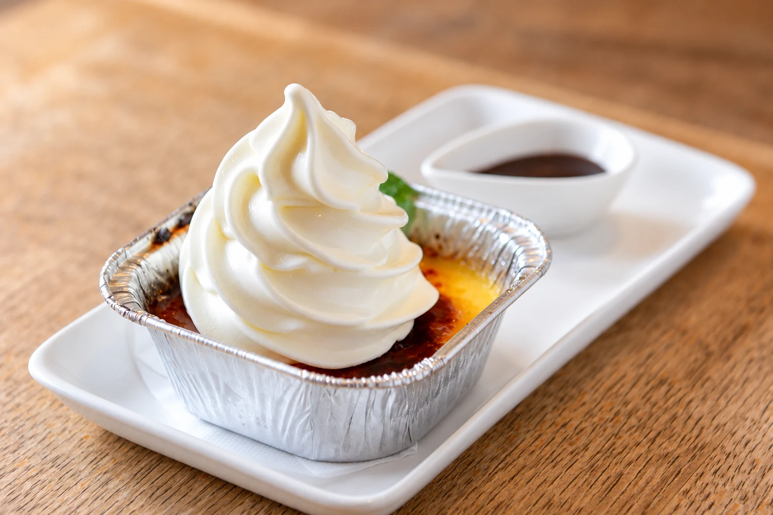カタラーナにソフトクリームを添え、自家製チョコソースを別添えにしたデザート