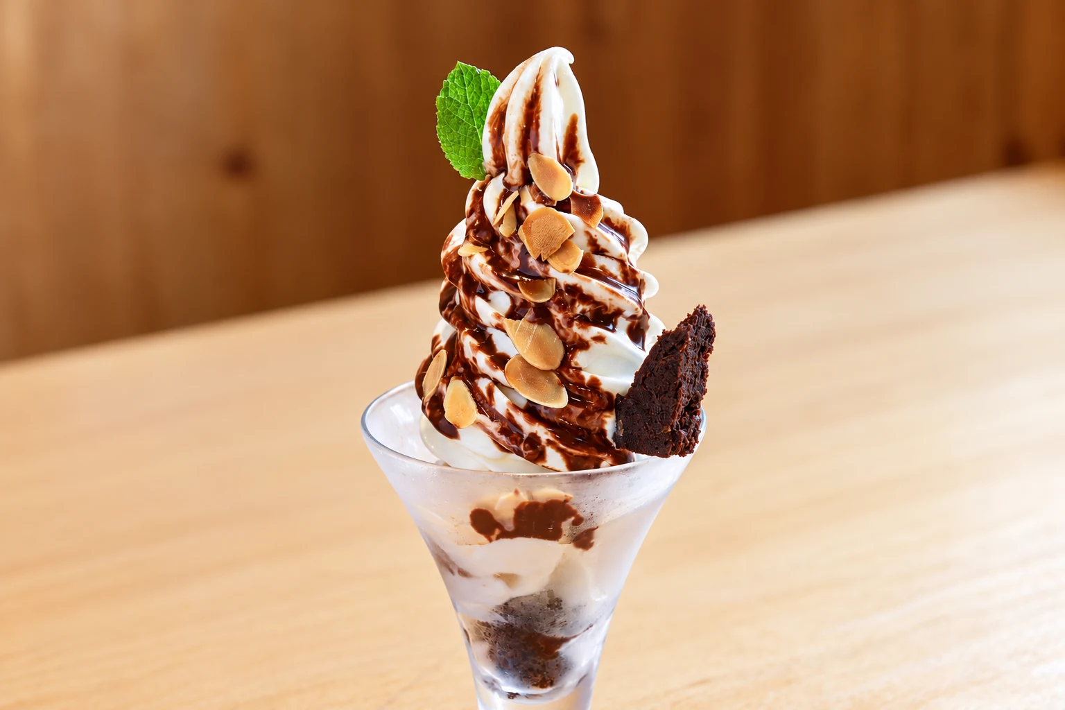チョコレートソースとチョコレートを添えたソフトクリームのパフェ