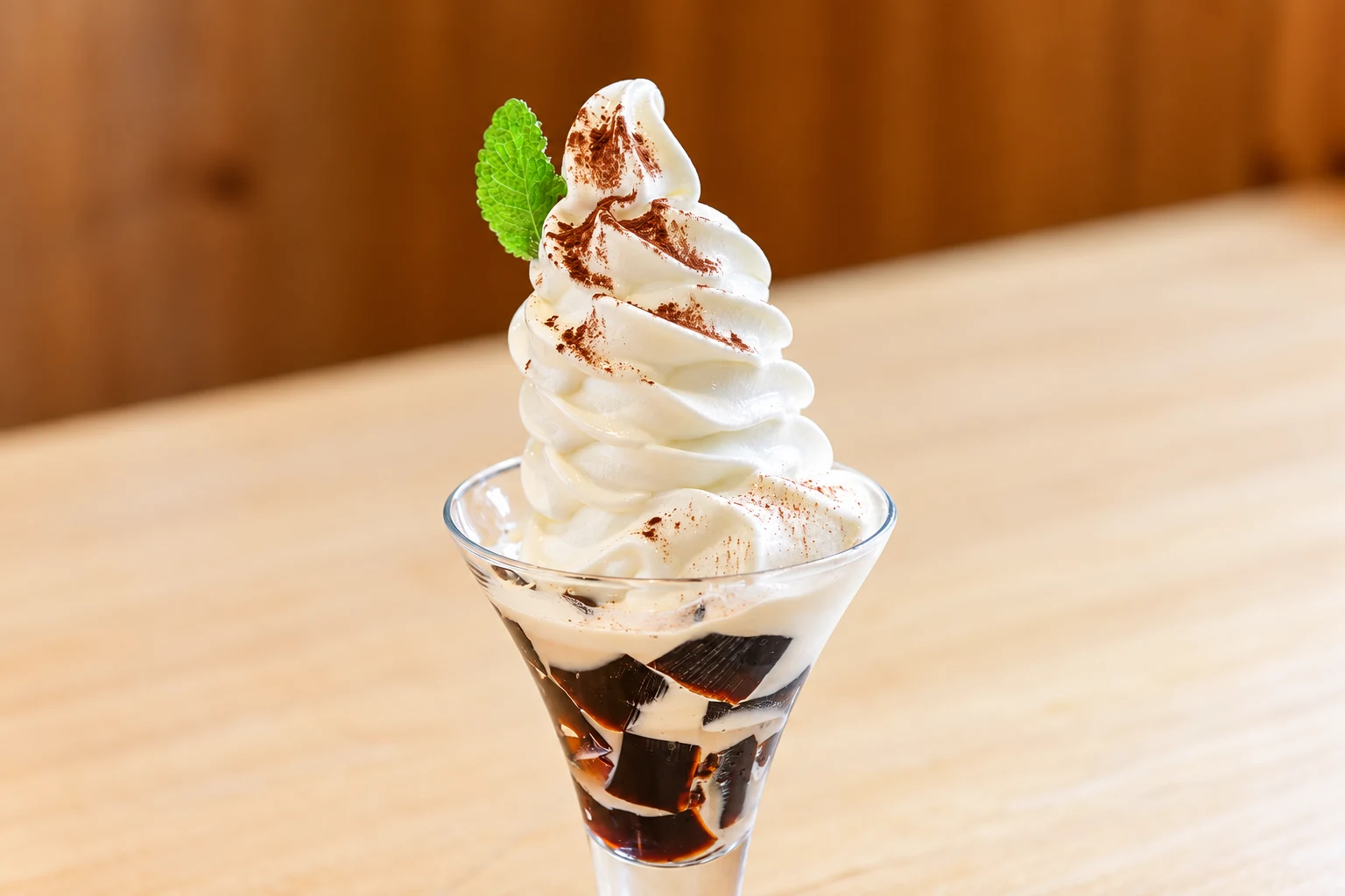 コーヒーゼリーにソフトクリームを重ねた、グラス入りのパフェ
