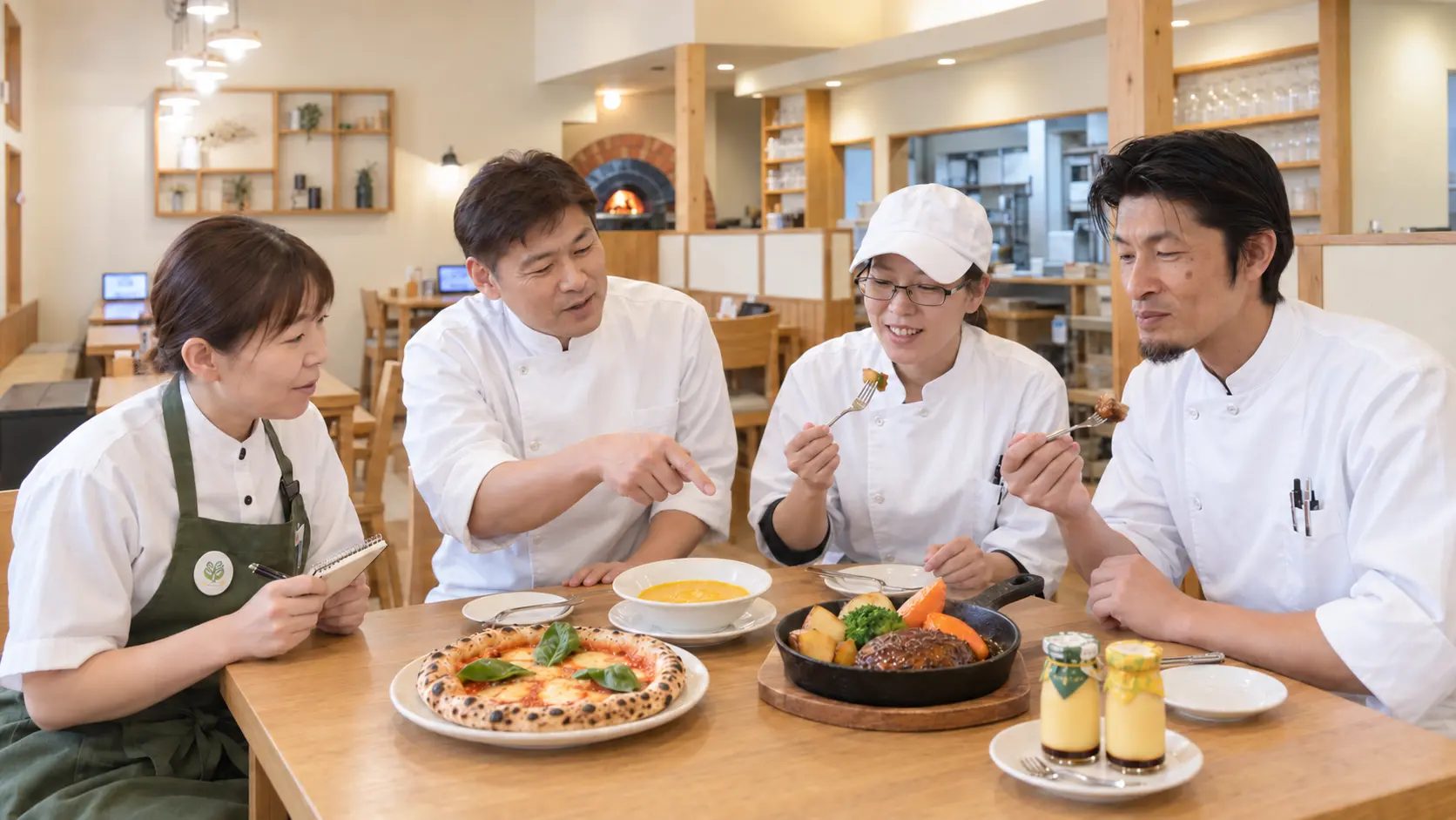 料理を囲み、メニューについて話し合うエスペリオのスタッフ
