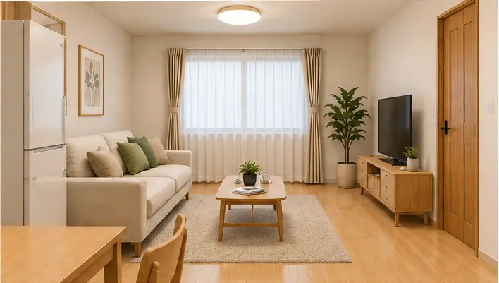 社宅1LDKの室内イメージ。キッチン側から見た居間