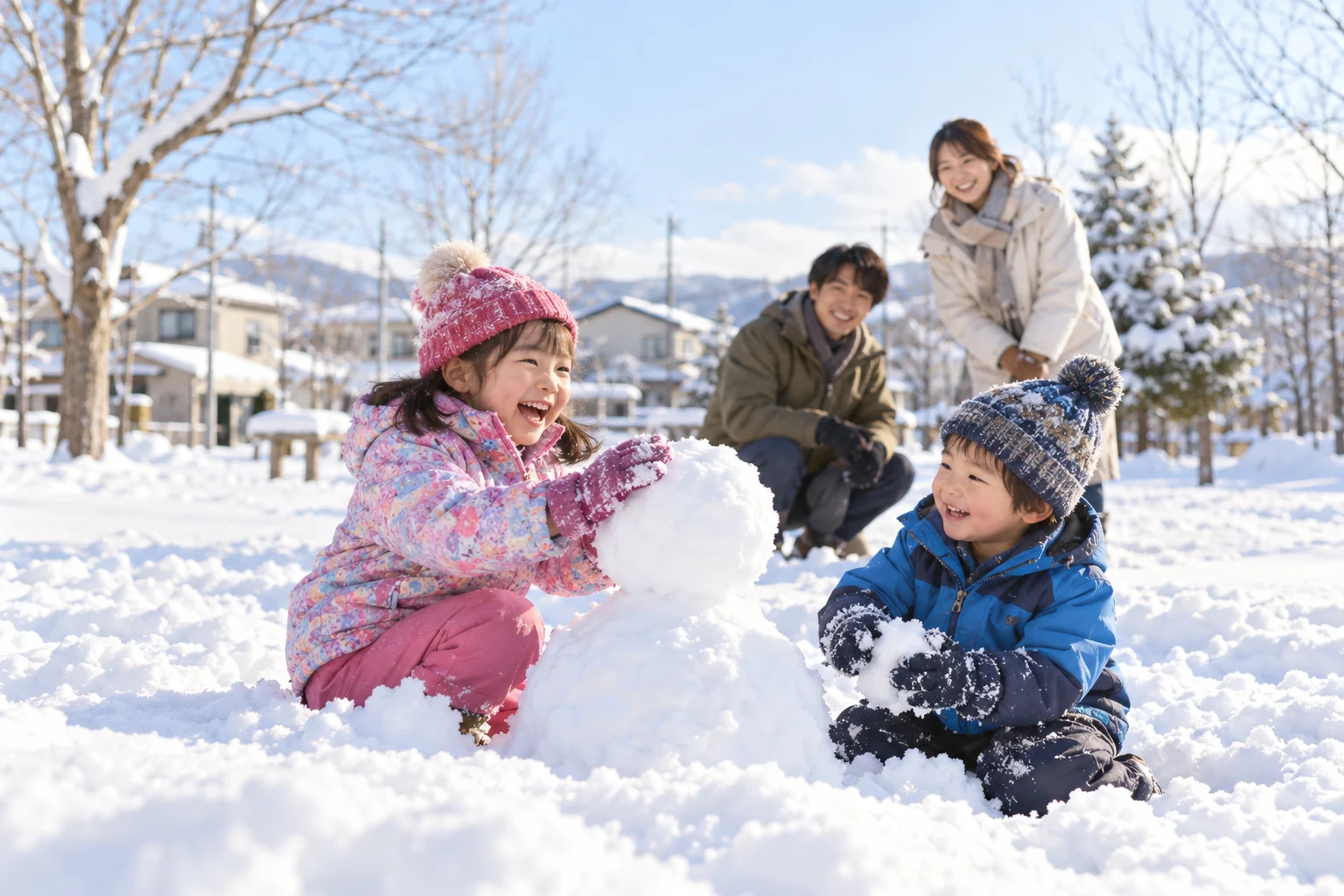 雪の中で遊ぶ子どもたちを家族が見守る冬の日常イメージ