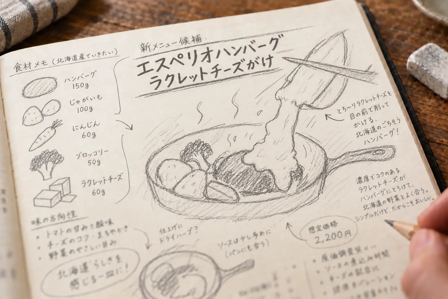 新メニューの食材や盛り付けをノートに描いて考える様子
